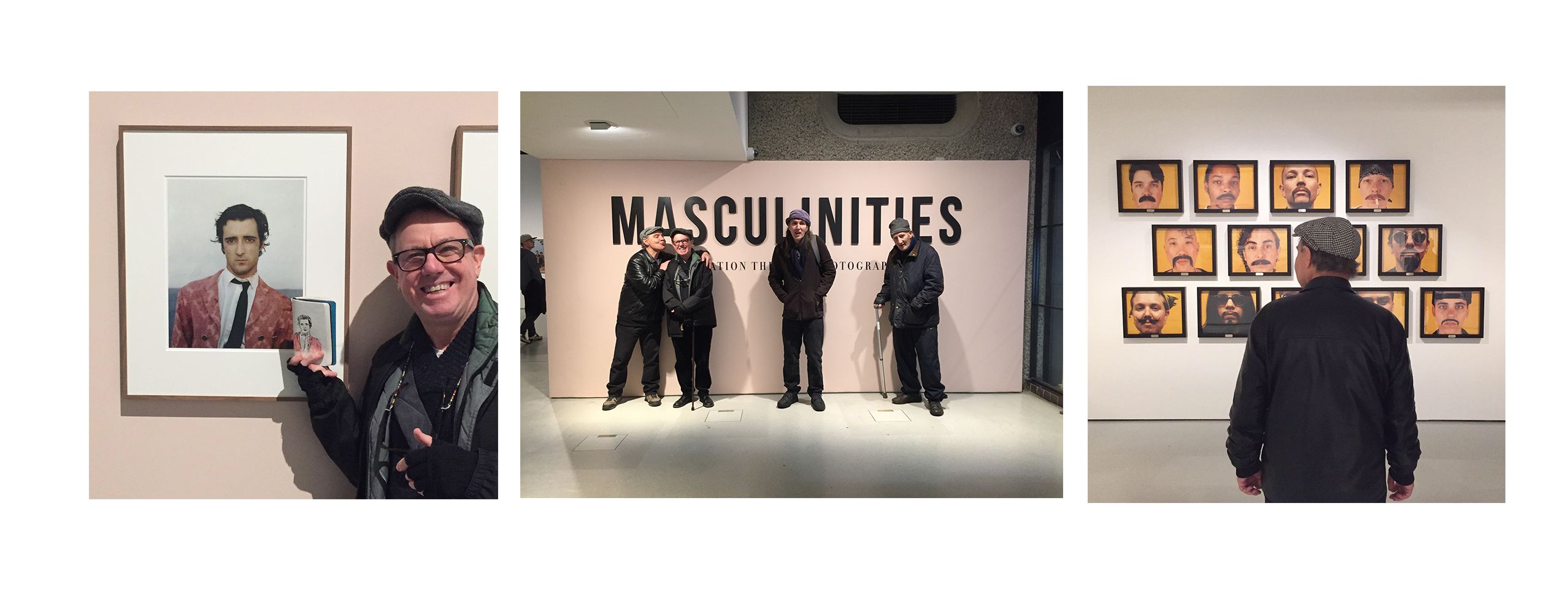 A group of three photographs. First image shows a smiling man in a flatcap standing next to a photo of a dark haired man in a pink blazer, he is holding a notebook with a sketch of the man in the photograph; the second photo is a group of four men laughing in front of a pink wall with the text 'Masculinities' printed behind; the third photo is the back of a man in a hat, looking at a wall filled with photographs of close-up faces on yellow backgrounds
