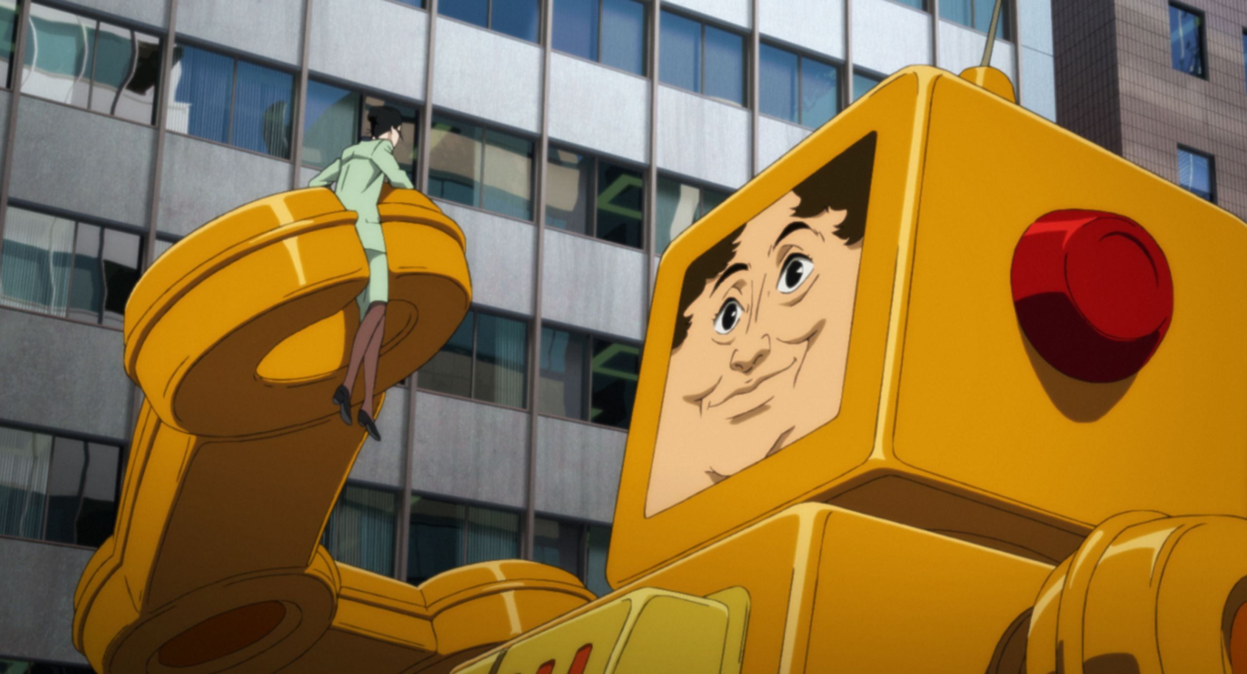 A giant yellow robot smiles as he lifts up a man. 