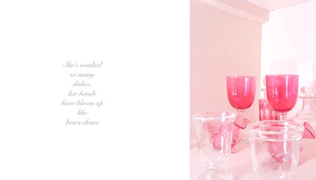 A colour photograph, and accompanying text, of the white interior of a cupboard containing carefully ordered pink and clear glass-wear.