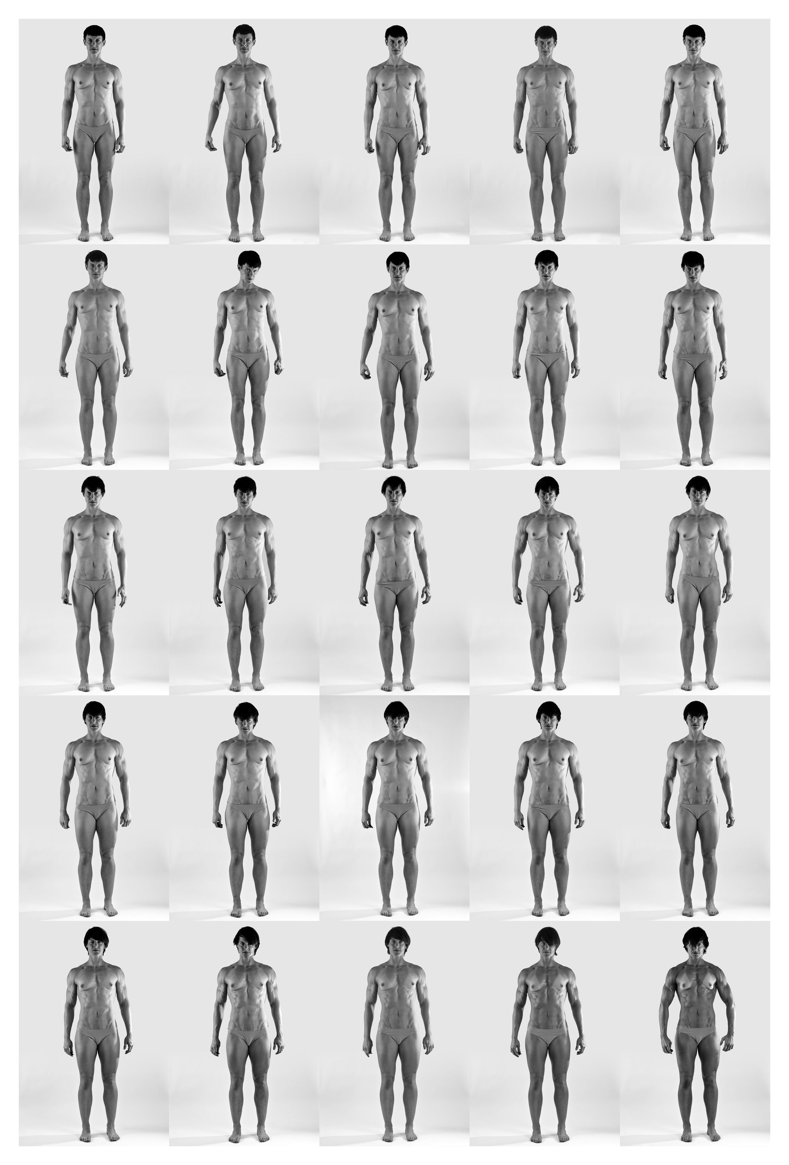 A frontal photograph of an almost naked Cassils, with a well-toned, but not overly muscular body.