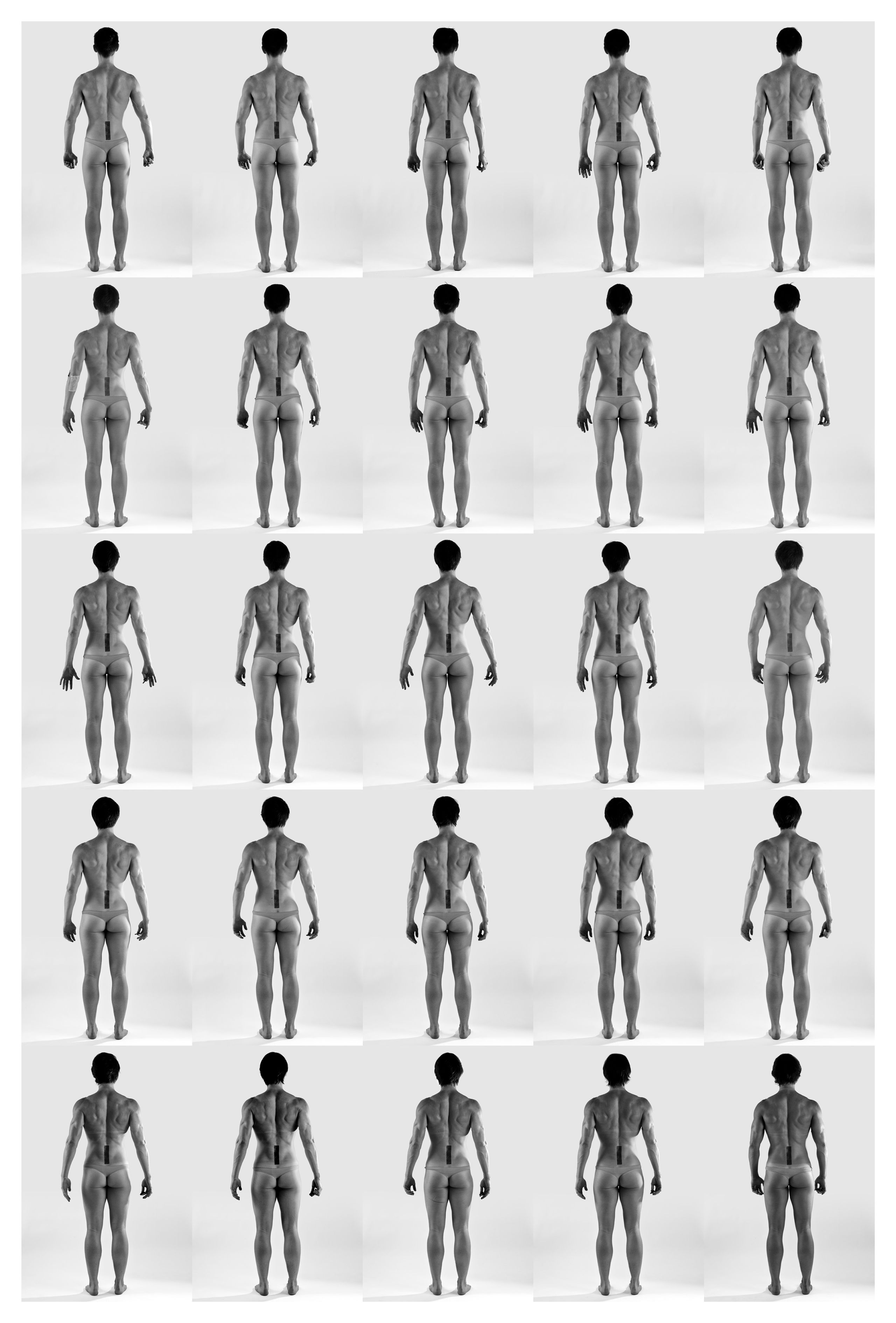 A photograph of the back of an almost naked Cassils wearing small bikini bottoms, with a well-toned, but not overly muscular body.