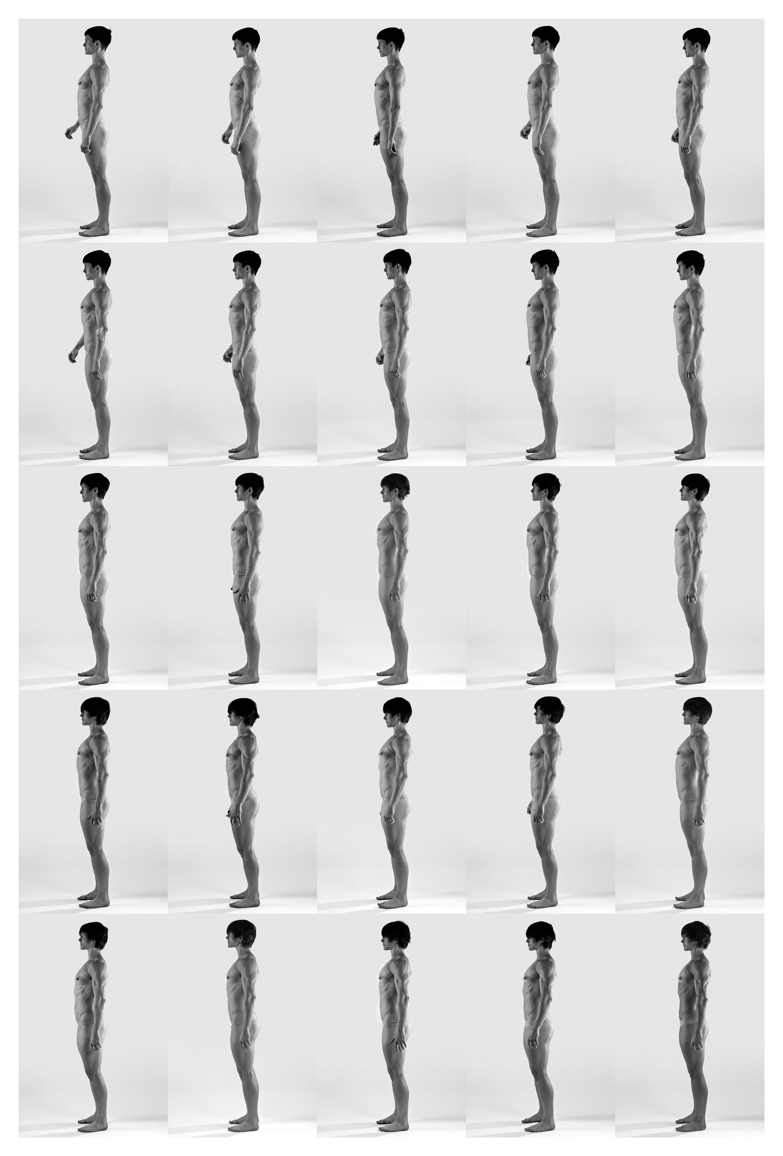 A side view of a well tanned, mostly naked Cassils, displaying their taught sinew and highly defined muscles , gained after a nearly month long intensive training regime.