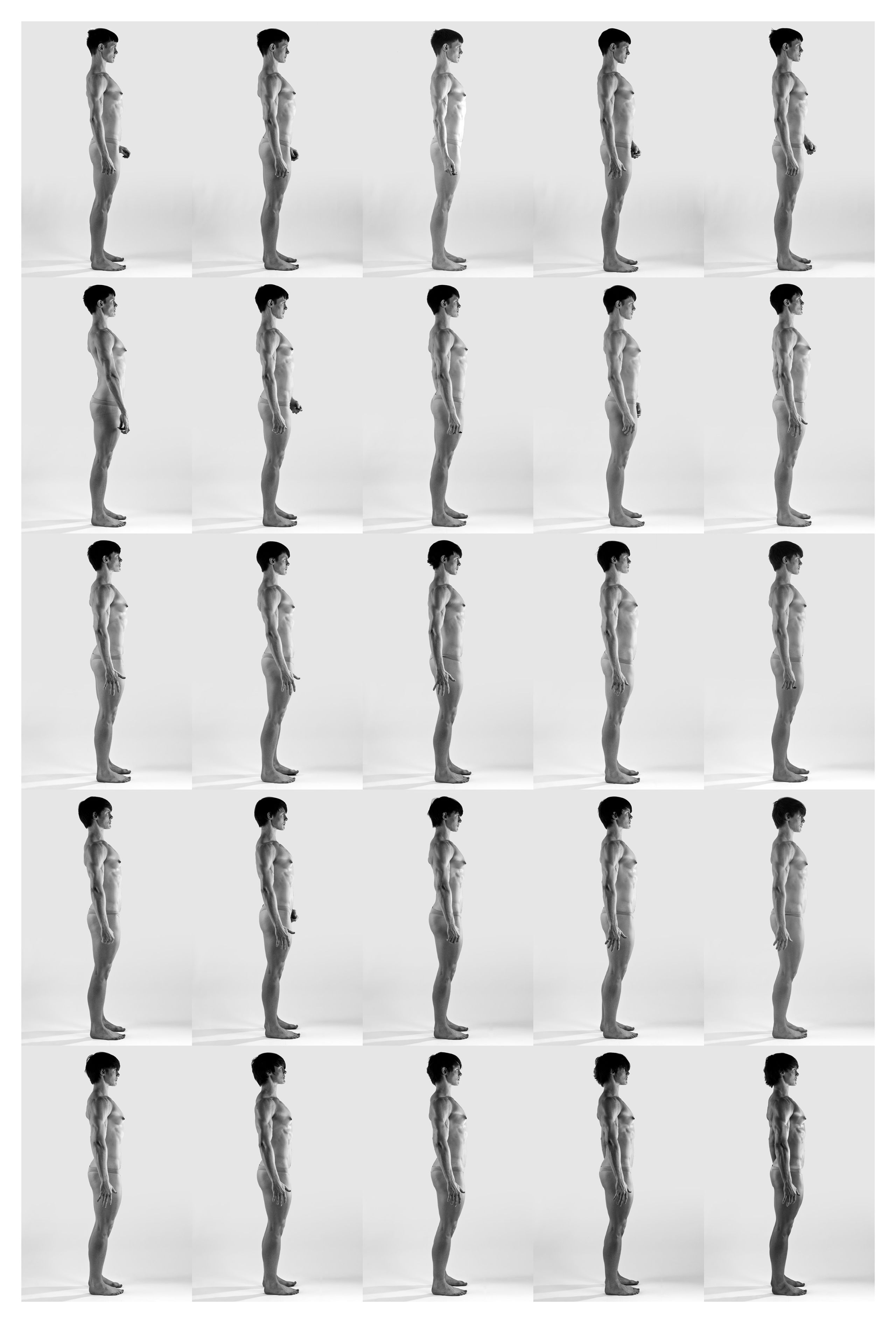 A side view of a nearly naked Cassils with quite well defined muscles in their arms, shoulders, and chest.