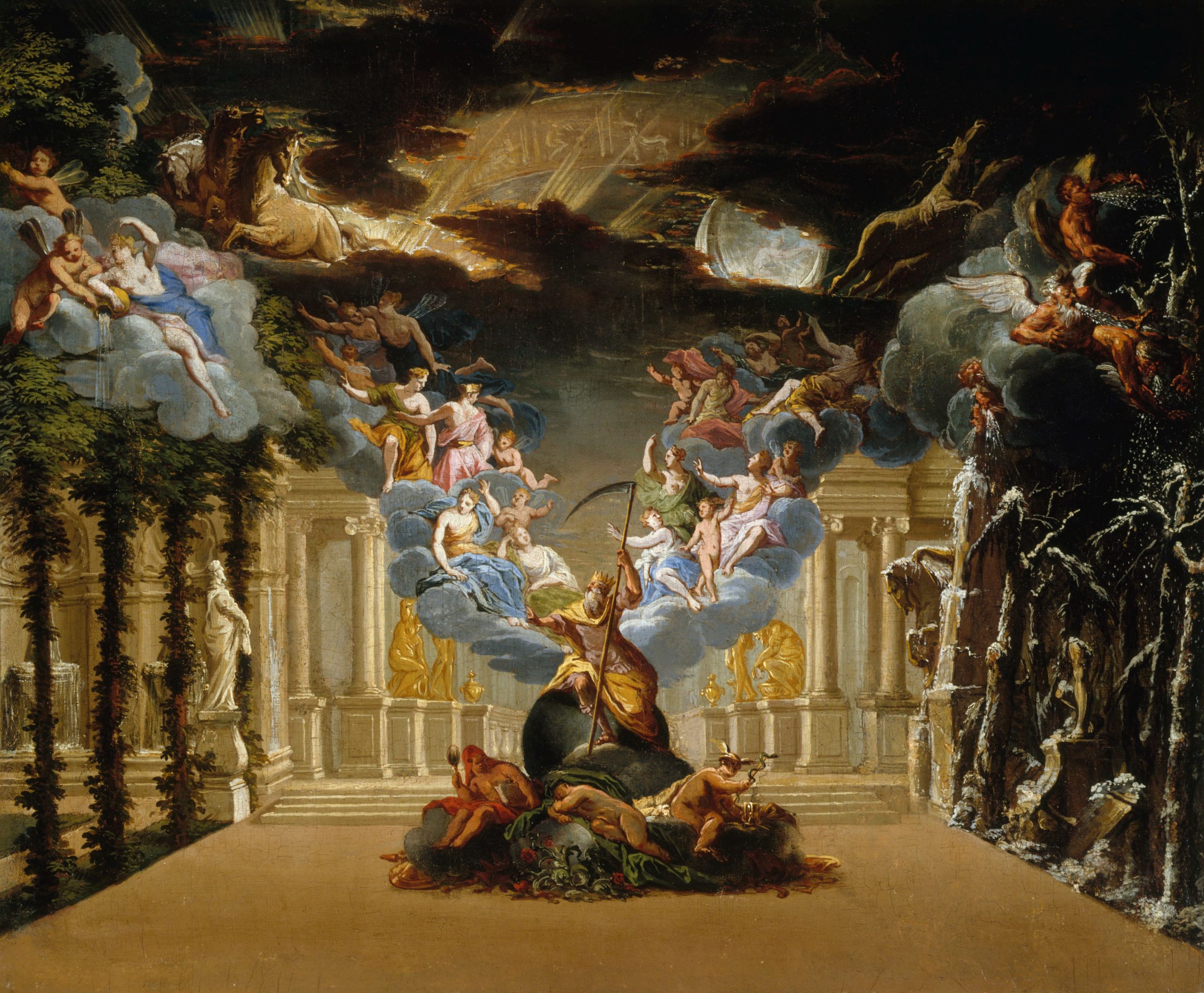 Illustration of man with scythe surrounded by cherubs
